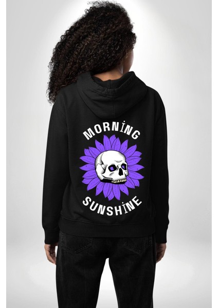 Polen Kafatası Mor Çiçek Erkek Kadın Siyah Ön Sırt Baskılı Kapüşonlu Sweatshirt Hoodie