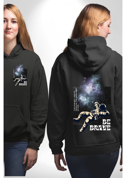 Astronot Cesur Ol Erkek Kadın Siyah Ön Sırt Baskılı Kapüşonlu Sweatshirt Hoodie