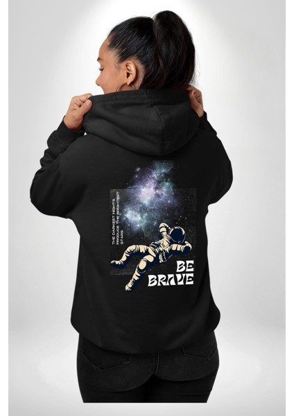 Astronot Cesur Ol Erkek Kadın Siyah Ön Sırt Baskılı Kapüşonlu Sweatshirt Hoodie
