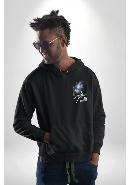 Astronot Cesur Ol Erkek Kadın Siyah Ön Sırt Baskılı Kapüşonlu Sweatshirt Hoodie