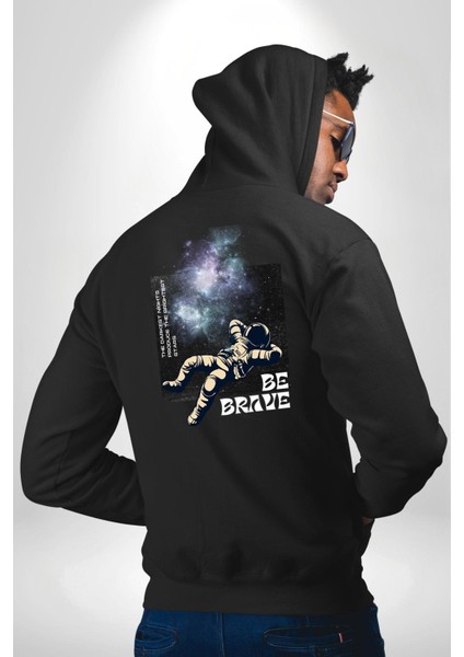 Astronot Cesur Ol Erkek Kadın Siyah Ön Sırt Baskılı Kapüşonlu Sweatshirt Hoodie
