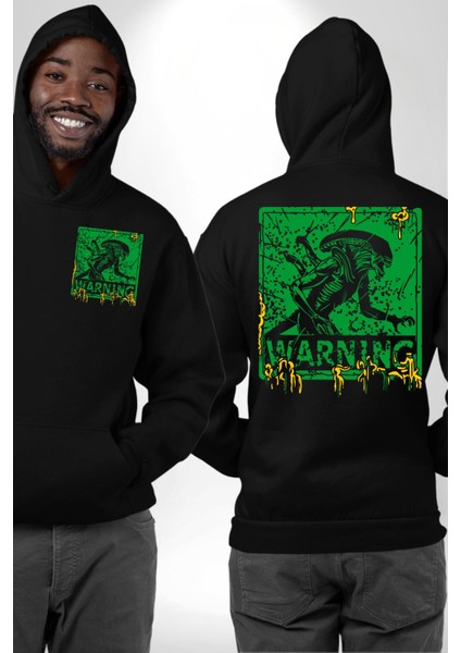 Alien Uzaylı Aranıyor Erkek Kadın Siyah Ön Sırt Baskılı Kapüşonlu Sweatshirt Hoodie