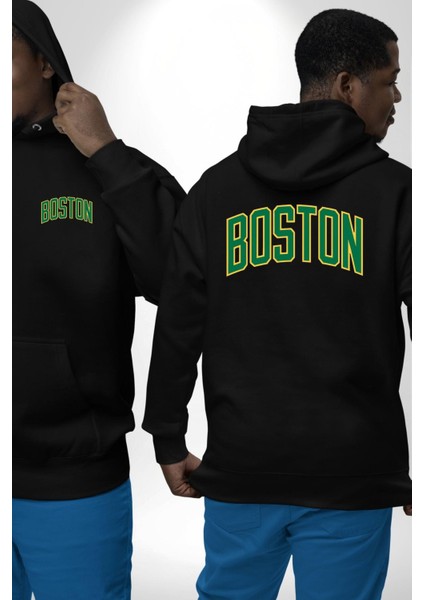 Boston Erkek Kadın Siyah Ön Sırt Baskılı Kapüşonlu Sweatshirt Hoodie
