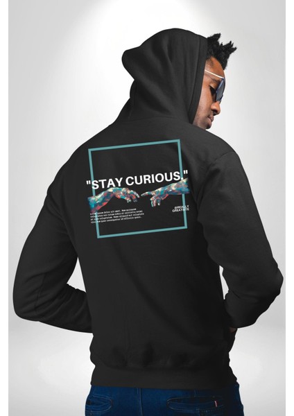Meraklı Kal Sokak Style Erkek Kadın Siyah Ön Sırt Baskılı Kapüşonlu Sweatshirt Hoodie