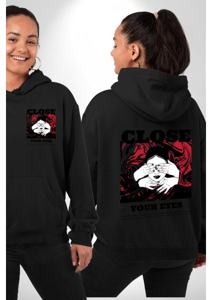Gözlerim Kapalı Kadın Sokak Stili Erkek Kadın Siyah Ön Sırt Baskılı Kapüşonlu Sweatshirt Hoodie