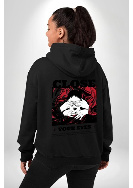 Gözlerim Kapalı Kadın Sokak Stili Erkek Kadın Siyah Ön Sırt Baskılı Kapüşonlu Sweatshirt Hoodie fiyatları