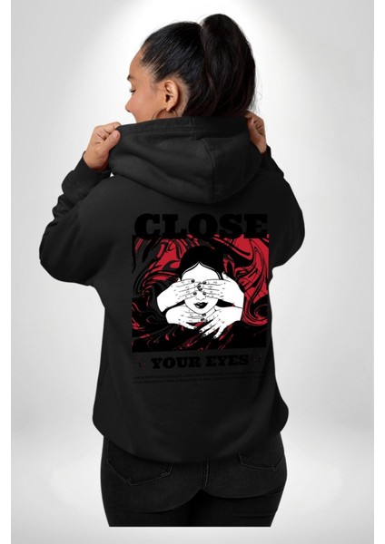 Gözlerim Kapalı Kadın Sokak Stili Erkek Kadın Siyah Ön Sırt Baskılı Kapüşonlu Sweatshirt Hoodie fırsatları