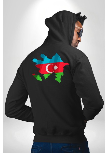 Azerbaycan Haritası Bayrak Tasarımı Erkek Kadın Siyah Ön Sırt Baskılı Kapüşonlu Sweatshirt Hoodie modelleri