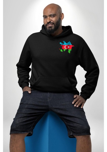 Azerbaycan Haritası Bayrak Tasarımı Erkek Kadın Siyah Ön Sırt Baskılı Kapüşonlu Sweatshirt Hoodie indirimleri