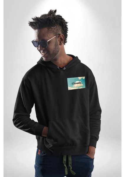 Pisikolojim Bulutlu Erkek Kadın Siyah Ön Sırt Baskılı Kapüşonlu Sweatshirt Hoodie modelleri