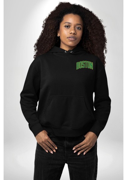 Boston Erkek Kadın Siyah Ön Sırt Baskılı Kapüşonlu Sweatshirt Hoodie fırsatları