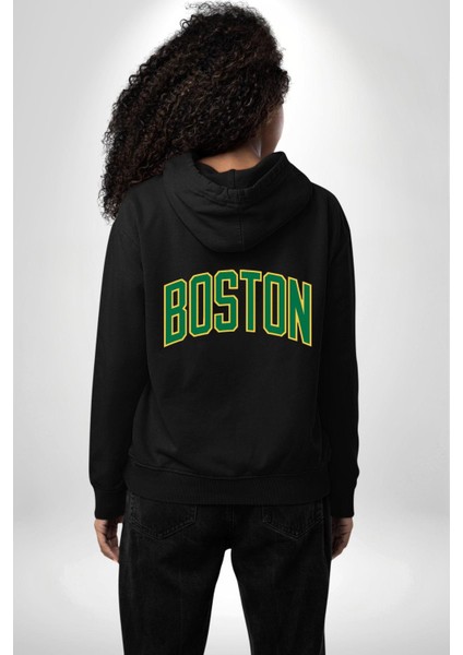 Boston Erkek Kadın Siyah Ön Sırt Baskılı Kapüşonlu Sweatshirt Hoodie indirimleri