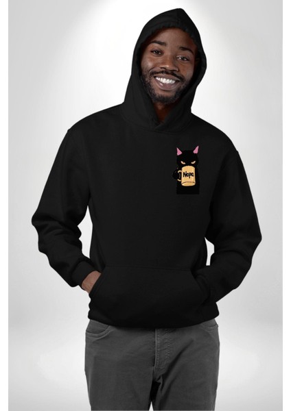 Nope Kedi Mizahi Kahve Tasarımı Erkek Kadın Siyah Ön Sırt Baskılı Kapüşonlu Sweatshirt Hoodie fırsatları