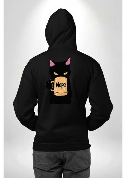 Nope Kedi Mizahi Kahve Tasarımı Erkek Kadın Siyah Ön Sırt Baskılı Kapüşonlu Sweatshirt Hoodie indirimleri