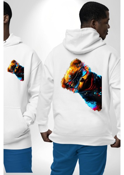 Cool Tedy Renkli Ayıcık Gözlük Erkek Kadın Beyaz Ön Sırt Baskılı Kapüşonlu Sweatshirt Hoodie