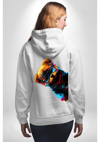 Cool Tedy Renkli Ayıcık Gözlük Erkek Kadın Beyaz Ön Sırt Baskılı Kapüşonlu Sweatshirt Hoodie modelleri