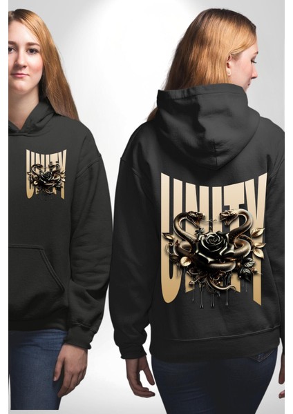 Yapay Zeka Gül Yılan Altın Siyah Gül 3D Erkek Kadın Siyah Ön Sırt Baskılı Kapüşonlu Sweatshirt Hoodie