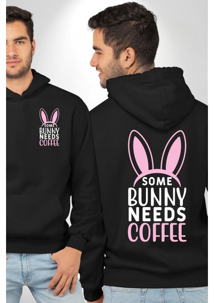 Bazı Pembe Tavşanların Kahveye Ihtiyacı Var Erkek Kadın Siyah Ön Sırt Baskılı Kapüşonlu Sweatshirt Hoodie
