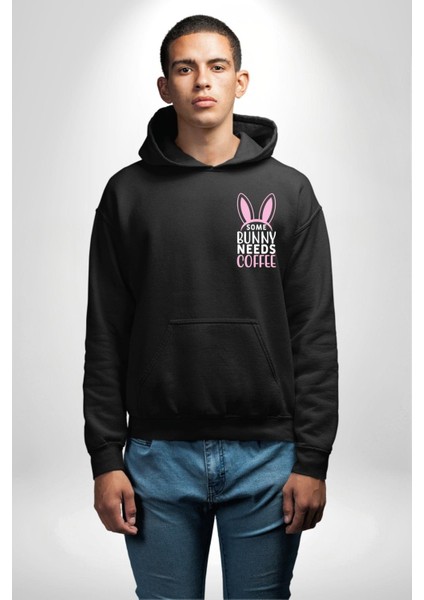 Bazı Pembe Tavşanların Kahveye Ihtiyacı Var Erkek Kadın Siyah Ön Sırt Baskılı Kapüşonlu Sweatshirt Hoodie