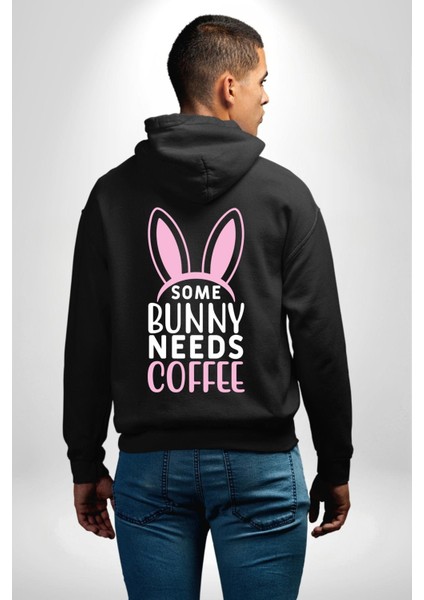 Bazı Pembe Tavşanların Kahveye Ihtiyacı Var Erkek Kadın Siyah Ön Sırt Baskılı Kapüşonlu Sweatshirt Hoodie