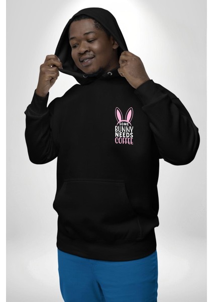Bazı Pembe Tavşanların Kahveye Ihtiyacı Var Erkek Kadın Siyah Ön Sırt Baskılı Kapüşonlu Sweatshirt Hoodie