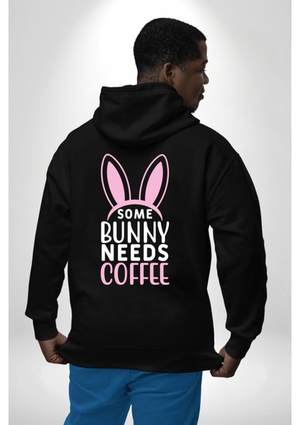 Bazı Pembe Tavşanların Kahveye Ihtiyacı Var Erkek Kadın Siyah Ön Sırt Baskılı Kapüşonlu Sweatshirt Hoodie