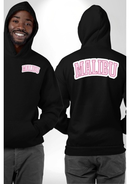Malibu California Pembe Erkek Kadın Siyah Ön Sırt Baskılı Kapüşonlu Sweatshirt Hoodie