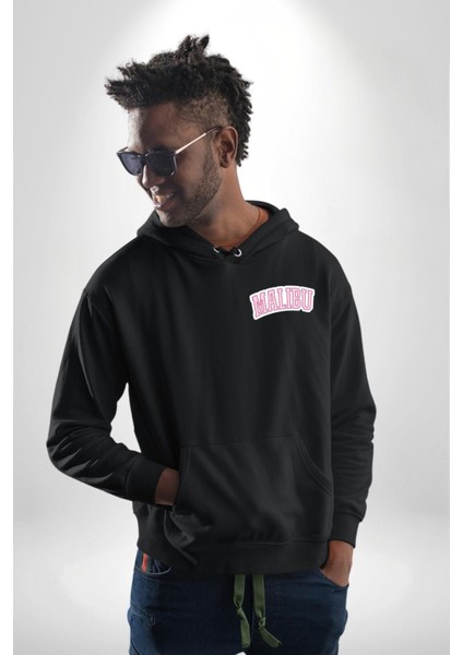 Malibu California Pembe Erkek Kadın Siyah Ön Sırt Baskılı Kapüşonlu Sweatshirt Hoodie modelleri