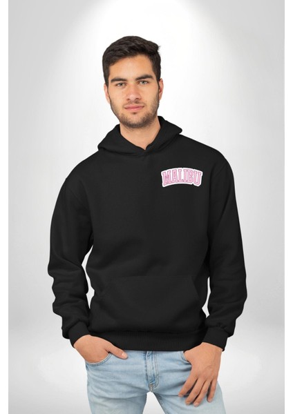 Malibu California Pembe Erkek Kadın Siyah Ön Sırt Baskılı Kapüşonlu Sweatshirt Hoodie indirimleri
