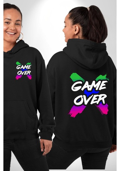 Game Over Oyun Bitti Erkek Kadın Siyah Ön Sırt Baskılı Kapüşonlu Sweatshirt Hoodie