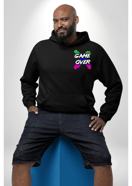 Game Over Oyun Bitti Erkek Kadın Siyah Ön Sırt Baskılı Kapüşonlu Sweatshirt Hoodie