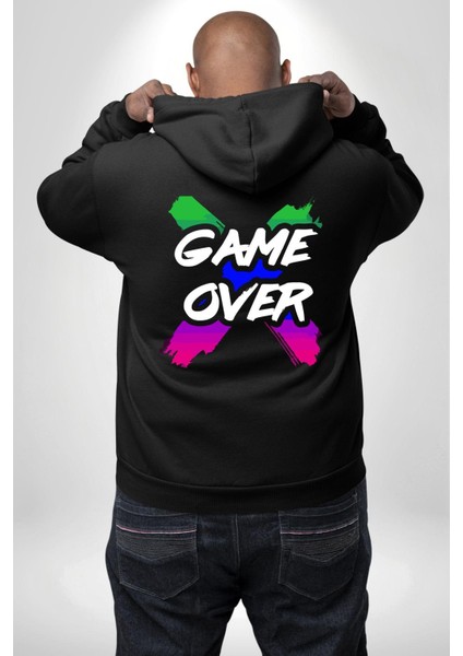 Game Over Oyun Bitti Erkek Kadın Siyah Ön Sırt Baskılı Kapüşonlu Sweatshirt Hoodie