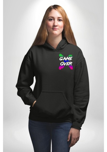 Game Over Oyun Bitti Erkek Kadın Siyah Ön Sırt Baskılı Kapüşonlu Sweatshirt Hoodie