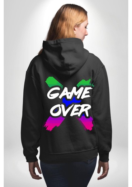 Game Over Oyun Bitti Erkek Kadın Siyah Ön Sırt Baskılı Kapüşonlu Sweatshirt Hoodie