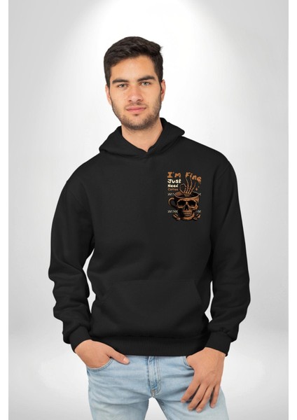 Iskelet Kupa Sadece Iyi Kahveye Ihtiyacım Var Erkek Kadın Siyah Ön Sırt Baskılı Kapüşonlu Sweatshirt Hoodie