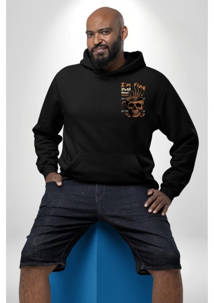 Iskelet Kupa Sadece Iyi Kahveye Ihtiyacım Var Erkek Kadın Siyah Ön Sırt Baskılı Kapüşonlu Sweatshirt Hoodie