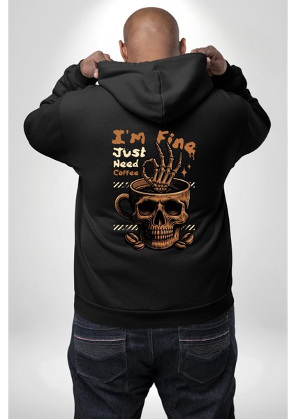 Iskelet Kupa Sadece Iyi Kahveye Ihtiyacım Var Erkek Kadın Siyah Ön Sırt Baskılı Kapüşonlu Sweatshirt Hoodie