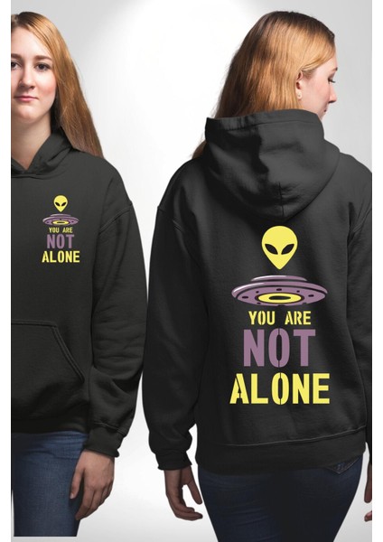 Uzaylı Yalnız Değiliz Ufo Erkek Kadın Siyah Ön Sırt Baskılı Kapüşonlu Sweatshirt Hoodie