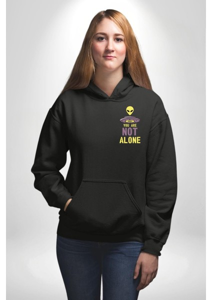 Uzaylı Yalnız Değiliz Ufo Erkek Kadın Siyah Ön Sırt Baskılı Kapüşonlu Sweatshirt Hoodie fiyatları