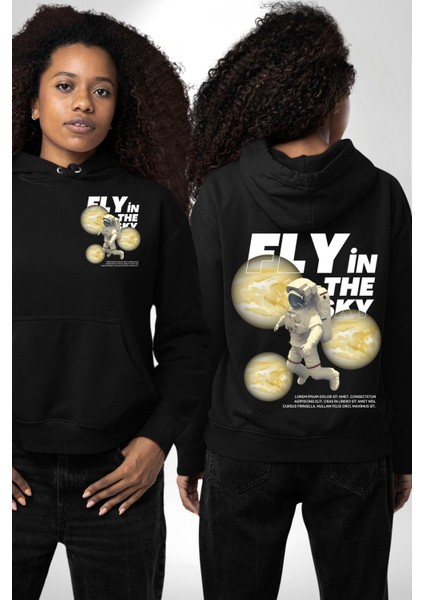 Gökyüzünde Uçmak Astronot Erkek Kadın Siyah Ön Sırt Baskılı Kapüşonlu Sweatshirt Hoodie