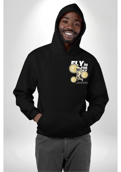 Gökyüzünde Uçmak Astronot Erkek Kadın Siyah Ön Sırt Baskılı Kapüşonlu Sweatshirt Hoodie