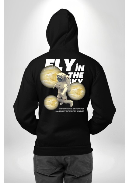 Gökyüzünde Uçmak Astronot Erkek Kadın Siyah Ön Sırt Baskılı Kapüşonlu Sweatshirt Hoodie