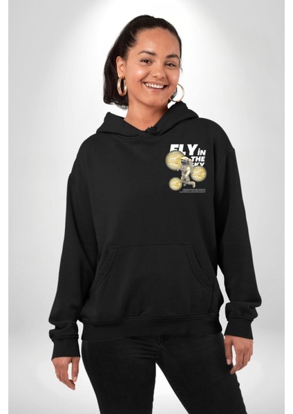 Gökyüzünde Uçmak Astronot Erkek Kadın Siyah Ön Sırt Baskılı Kapüşonlu Sweatshirt Hoodie