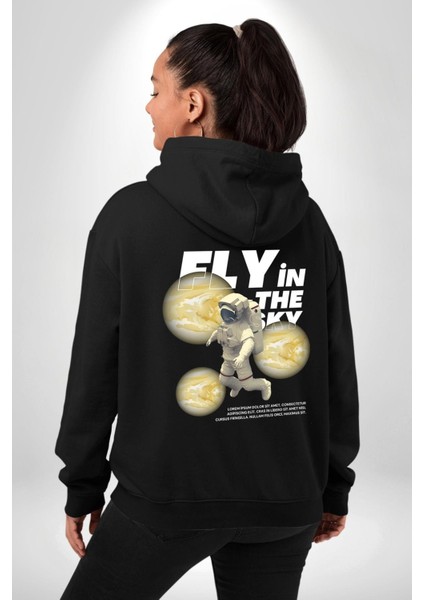 Gökyüzünde Uçmak Astronot Erkek Kadın Siyah Ön Sırt Baskılı Kapüşonlu Sweatshirt Hoodie