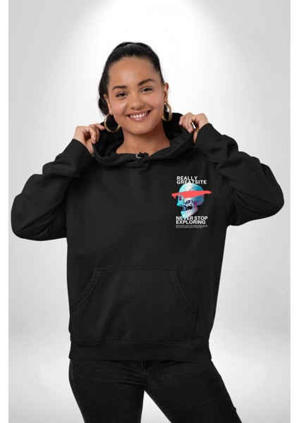 Gerçekten Harika Keşfetmeyi Bırakma Erkek Kadın Siyah Ön Sırt Baskılı Kapüşonlu Sweatshirt Hoodie fiyatları