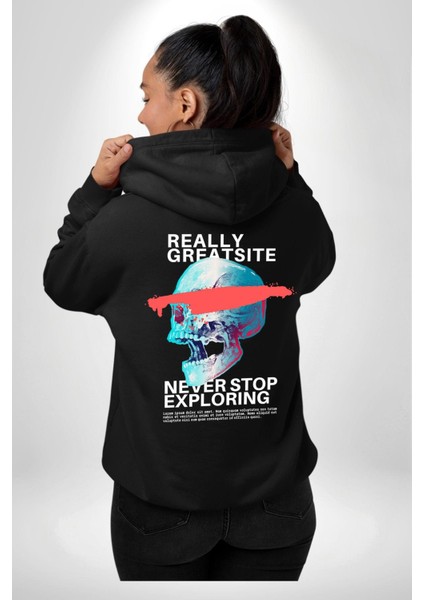Gerçekten Harika Keşfetmeyi Bırakma Erkek Kadın Siyah Ön Sırt Baskılı Kapüşonlu Sweatshirt Hoodie modelleri