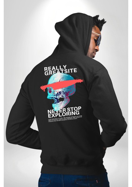 Gerçekten Harika Keşfetmeyi Bırakma Erkek Kadın Siyah Ön Sırt Baskılı Kapüşonlu Sweatshirt Hoodie indirimleri