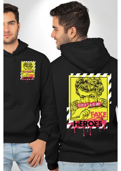 Aşk Meleği Sahte Melek Sus Erkek Kadın Siyah Ön Sırt Baskılı Kapüşonlu Sweatshirt Hoodie
