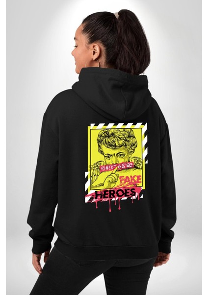 Aşk Meleği Sahte Melek Sus Erkek Kadın Siyah Ön Sırt Baskılı Kapüşonlu Sweatshirt Hoodie