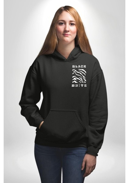 Siyah ve Beyaz Sokak Style Erkek Kadın Siyah Ön Sırt Baskılı Kapüşonlu Sweatshirt Hoodie fırsatları